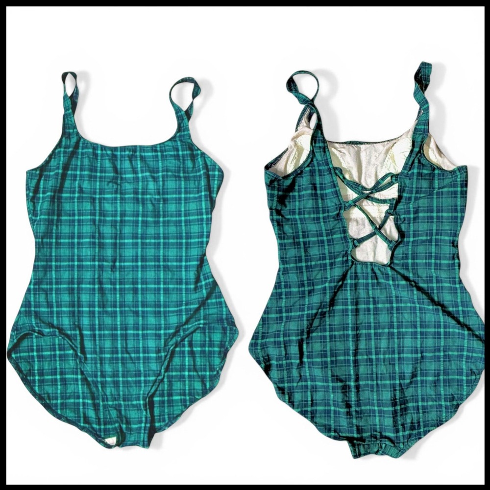 Maxine of Hollywood One Piece Swimsuit 12 Green Plaid Vintage 80s Seersucker USA